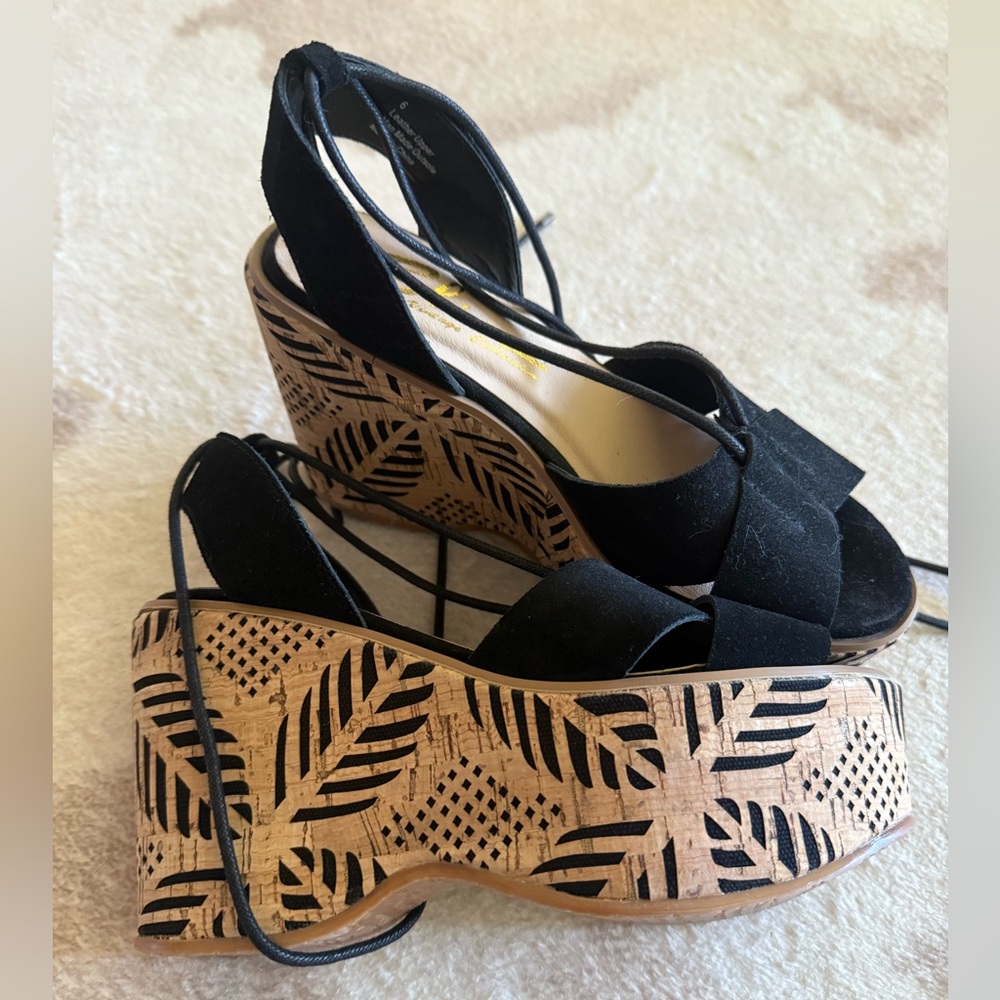 New Sbicca Black Wedge Sandals with Patterned Cork Heel